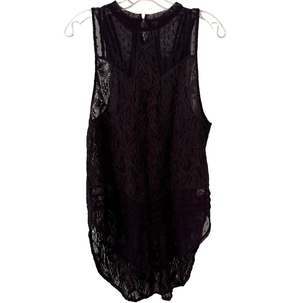 Free People Women's Dark Purple Lace High Neck Tunic Top in Size S